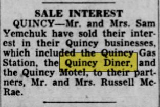 Quincy Diner - Aug 1961 Partner Sells Interest In Diner